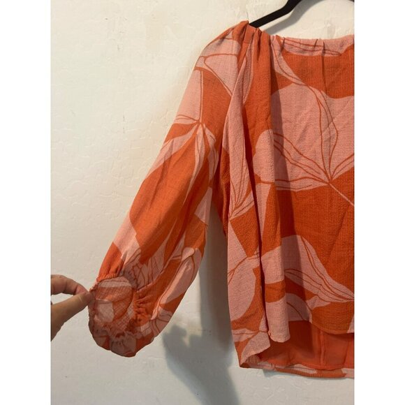 NWT A New Day Sz L Orange Floral Print Balloon Sleeves Lined Tie Back Blouse - Picture 3 of 9